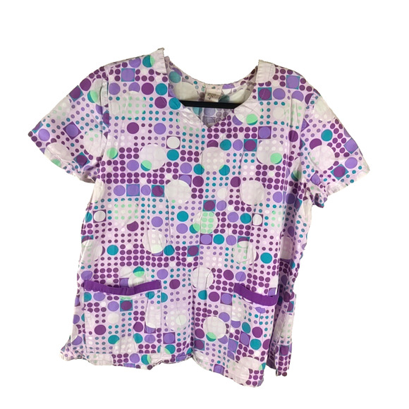Barco Juniors Women's Scrub Top Size X Large Purple Circles Dots Faded Design - Picture 6 of 6